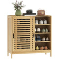 Bamboo Shoe Cabinet with 2 Sliding Slat Doors & Adjustable Shelves, 16-Pair Entryway Storage Unit in Natural Finish