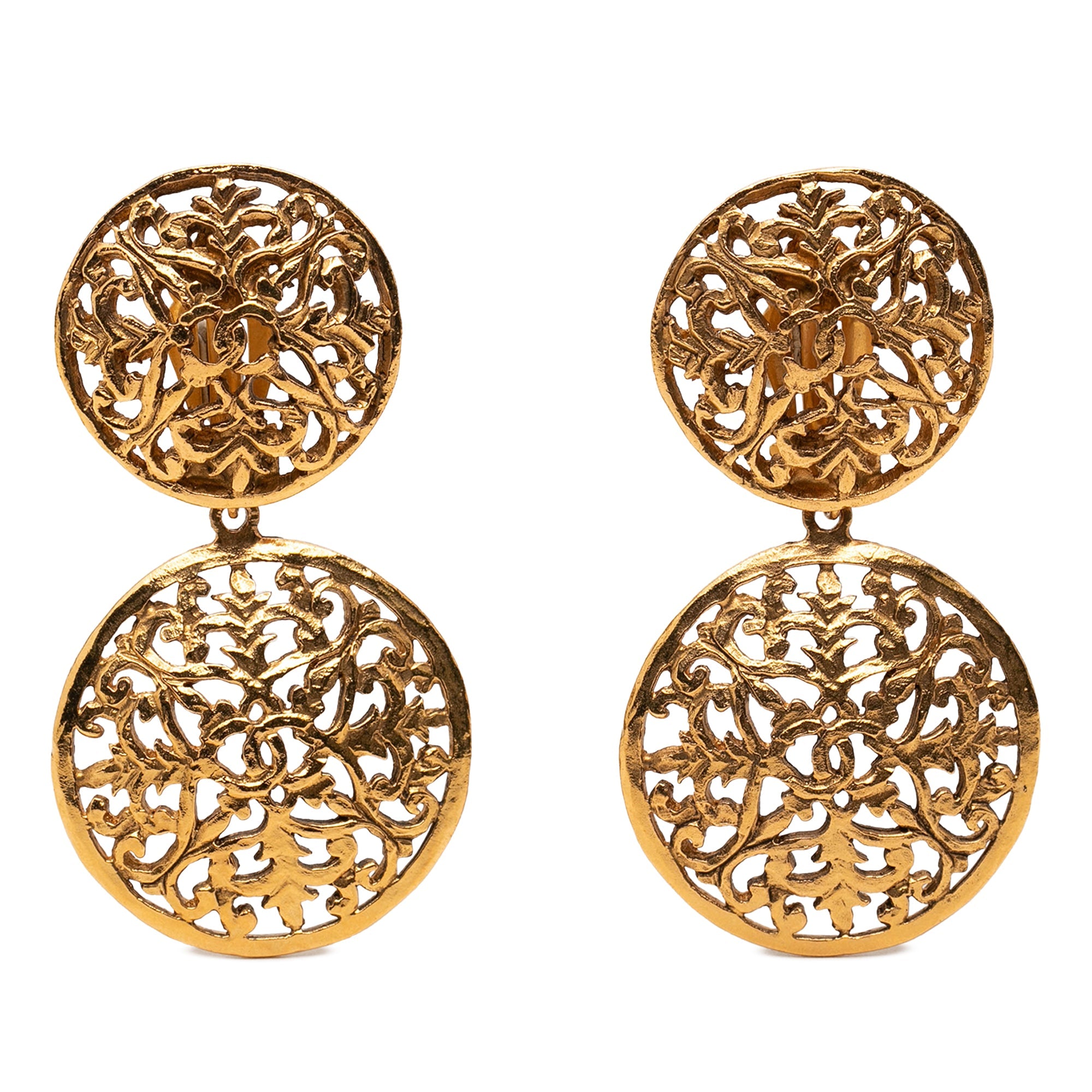 CC Gold Plated Filigree Double Orbs Dangle Clip On Earrings