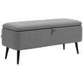 Rectangular Storage Ottoman with Flip Top & Steel Legs, Linen Fabric Footstool Bench, Grey