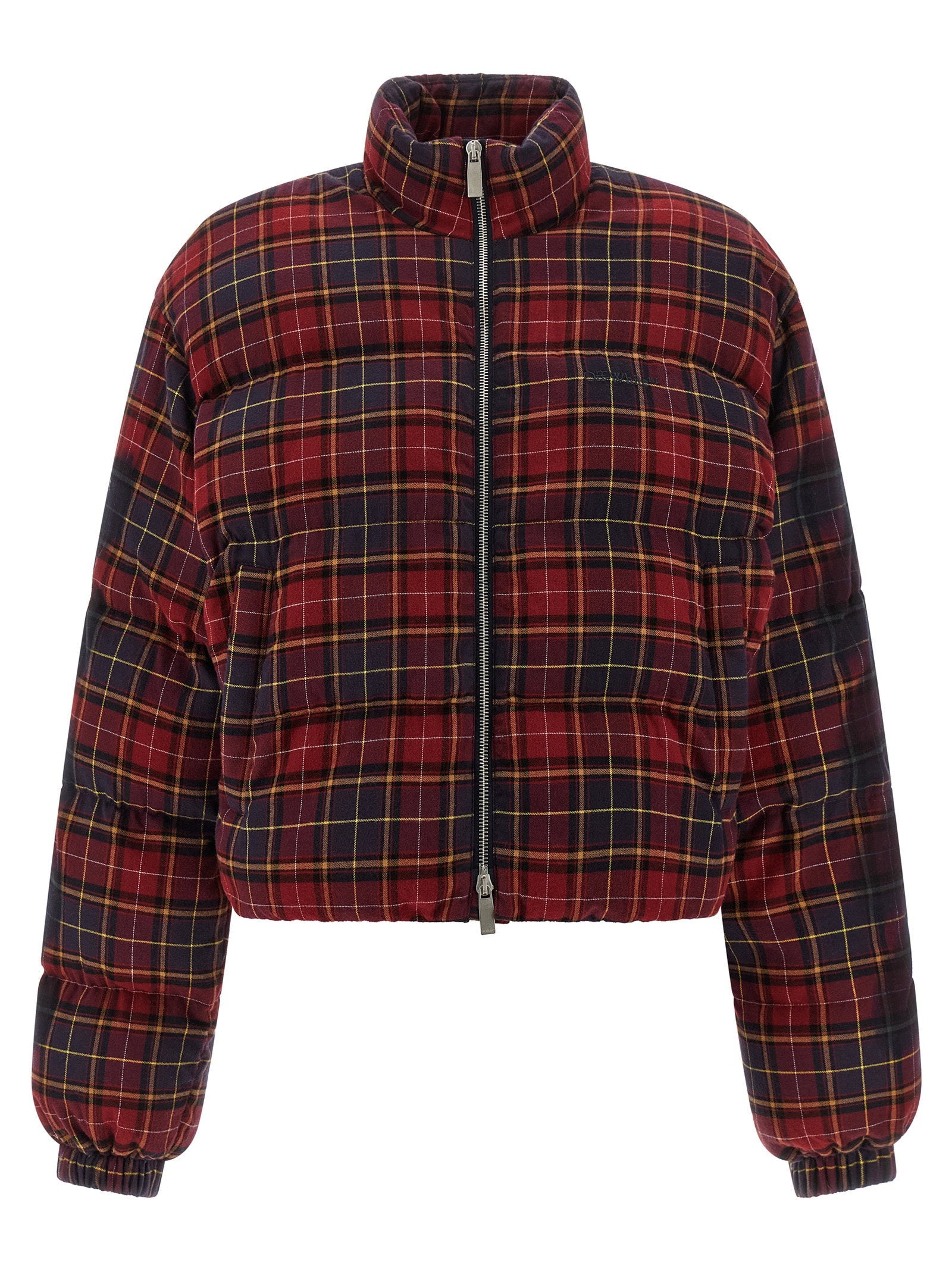 Off White Check Print Quilted Down Jacket — Burgundy