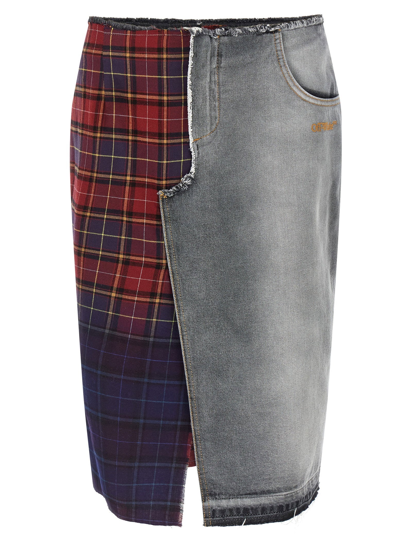 Off White Patchwork Denim & Check Skirt — Gray