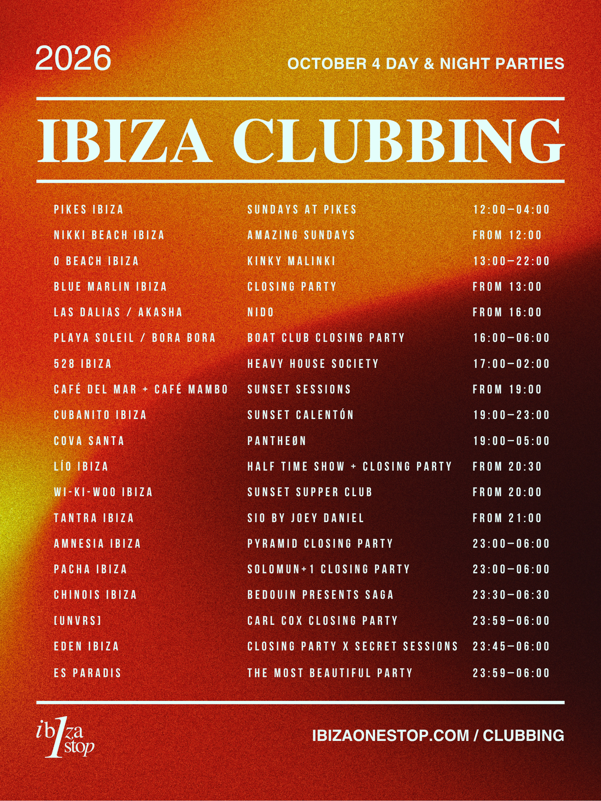 October 4, 2026 Ibiza Parties at UNVRS, Amnesia, Pacha, Chinois, 528 Ibiza, Cova Santa, Lío & More: Carl Cox, Solomun, Seth Troxler, Bedouin, Nina Kraviz & More
