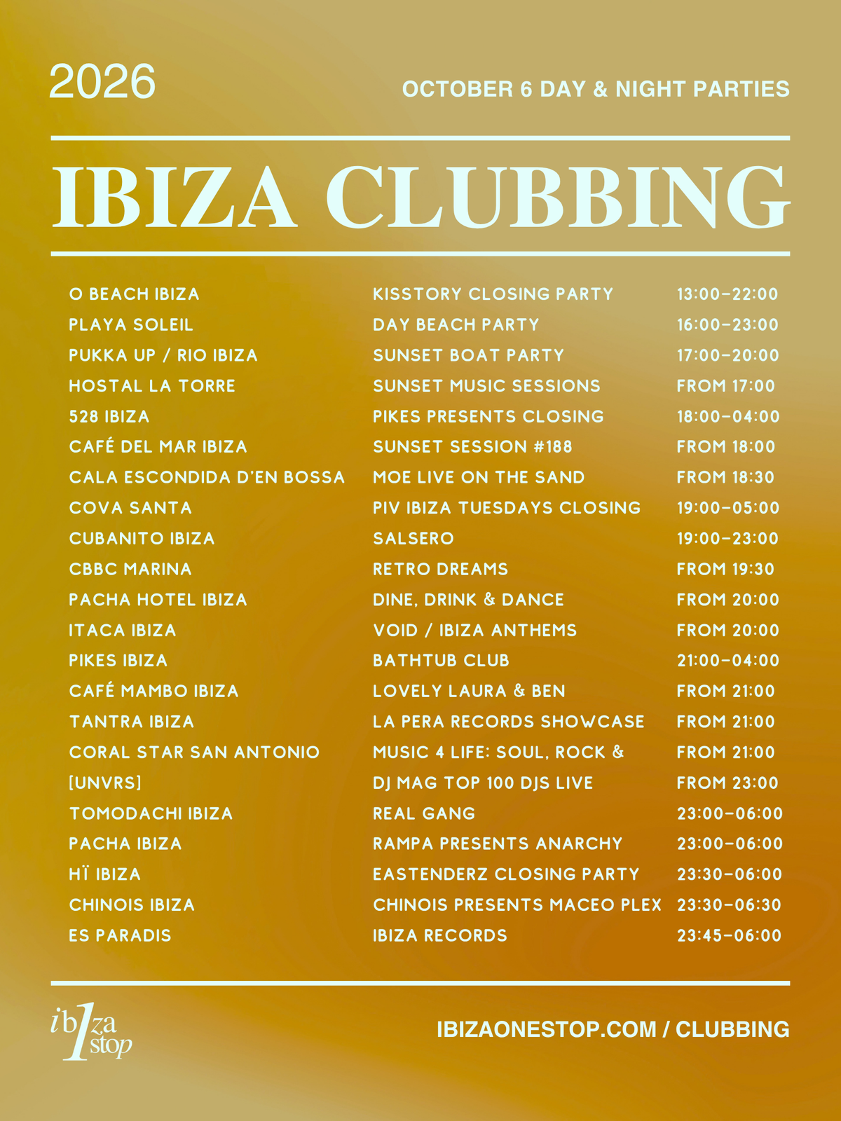 October 6, 2026 Ibiza Parties at [UNVRS], Hï Ibiza, Pacha, O Beach, 528 Ibiza, Chinois, Cova Santa & More: DJ Mag Top 100 DJs LIVE, Eastenderz, Rampa & More