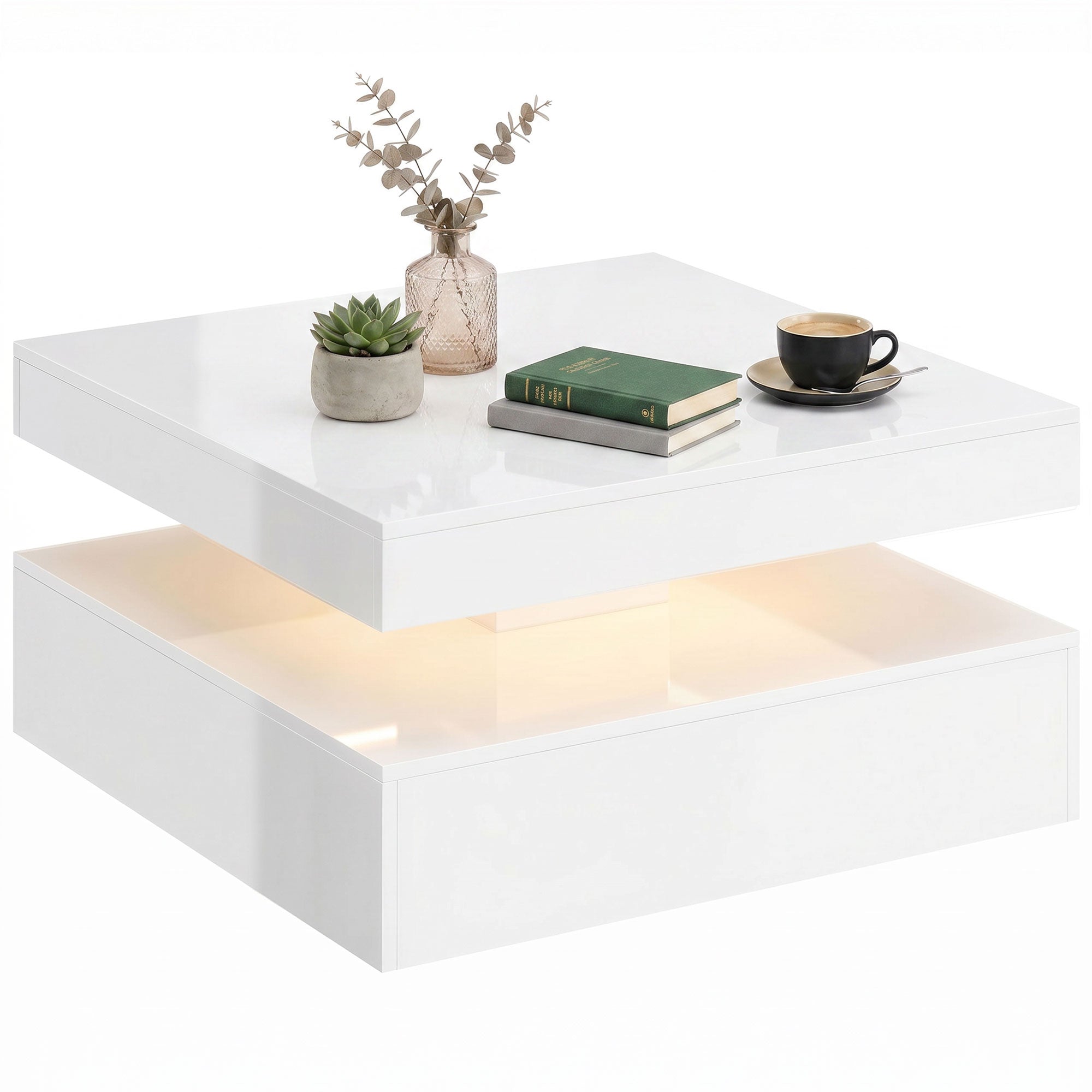 2-Tier LED Storage Coffee Table with Open Shelf & Remote, High Gloss White