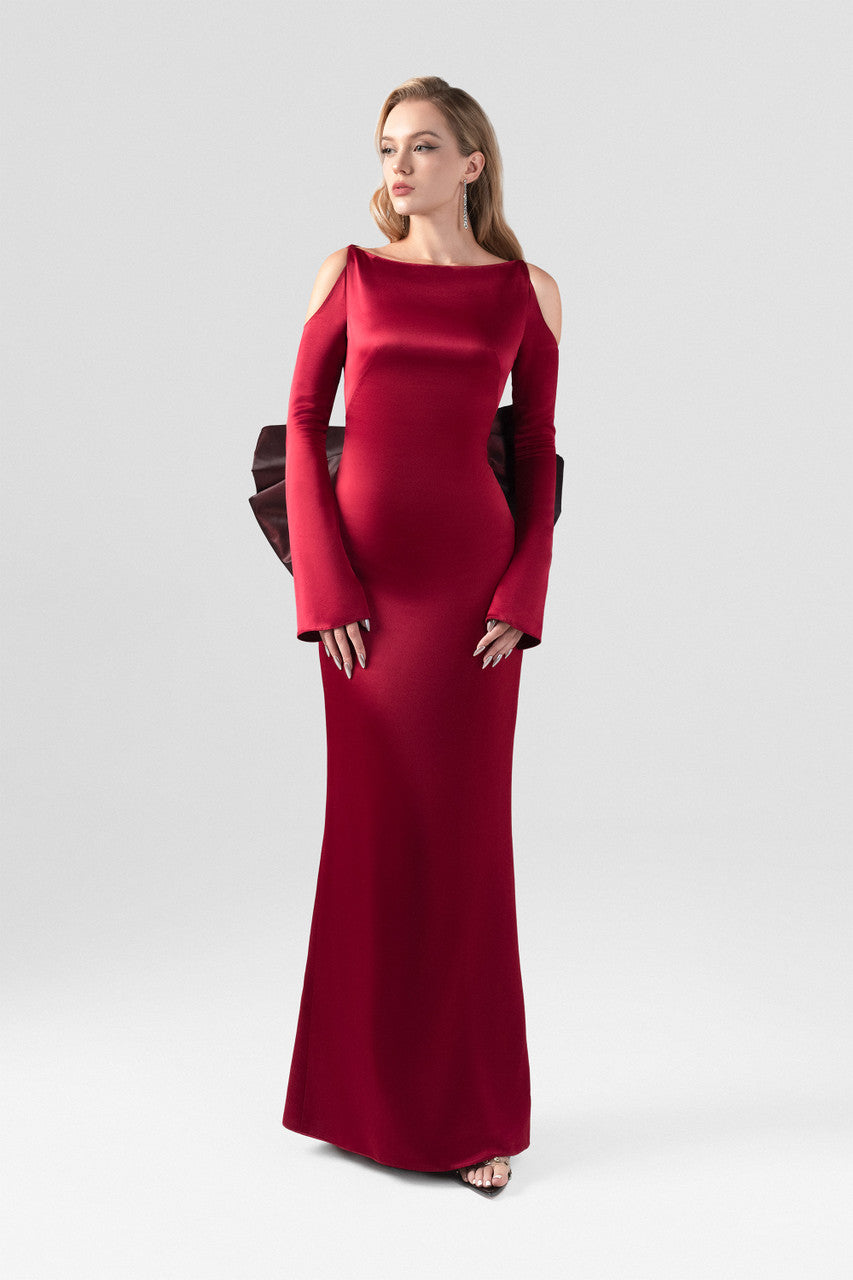 Sublime Off-Shoulder Dramatic Bow Accent Silk Gown