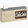 Shoe Storage Bench with Flip Rattan Doors & Removable Seat Cushion for 8 Pairs, Natural Wood