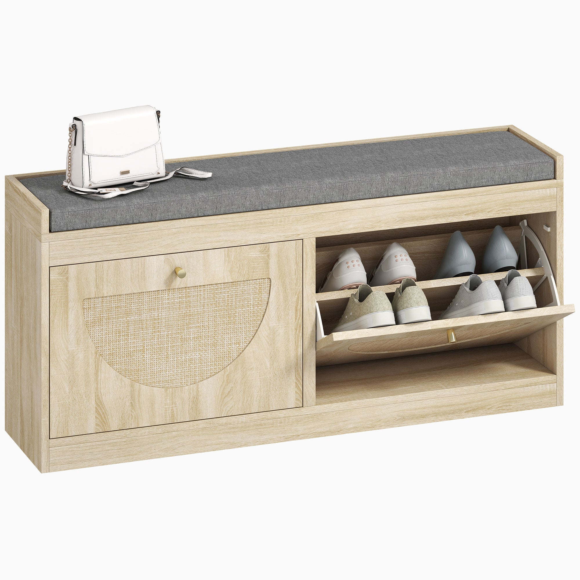 Shoe Storage Bench with Flip Rattan Doors & Removable Seat Cushion for 8 Pairs, Natural Wood