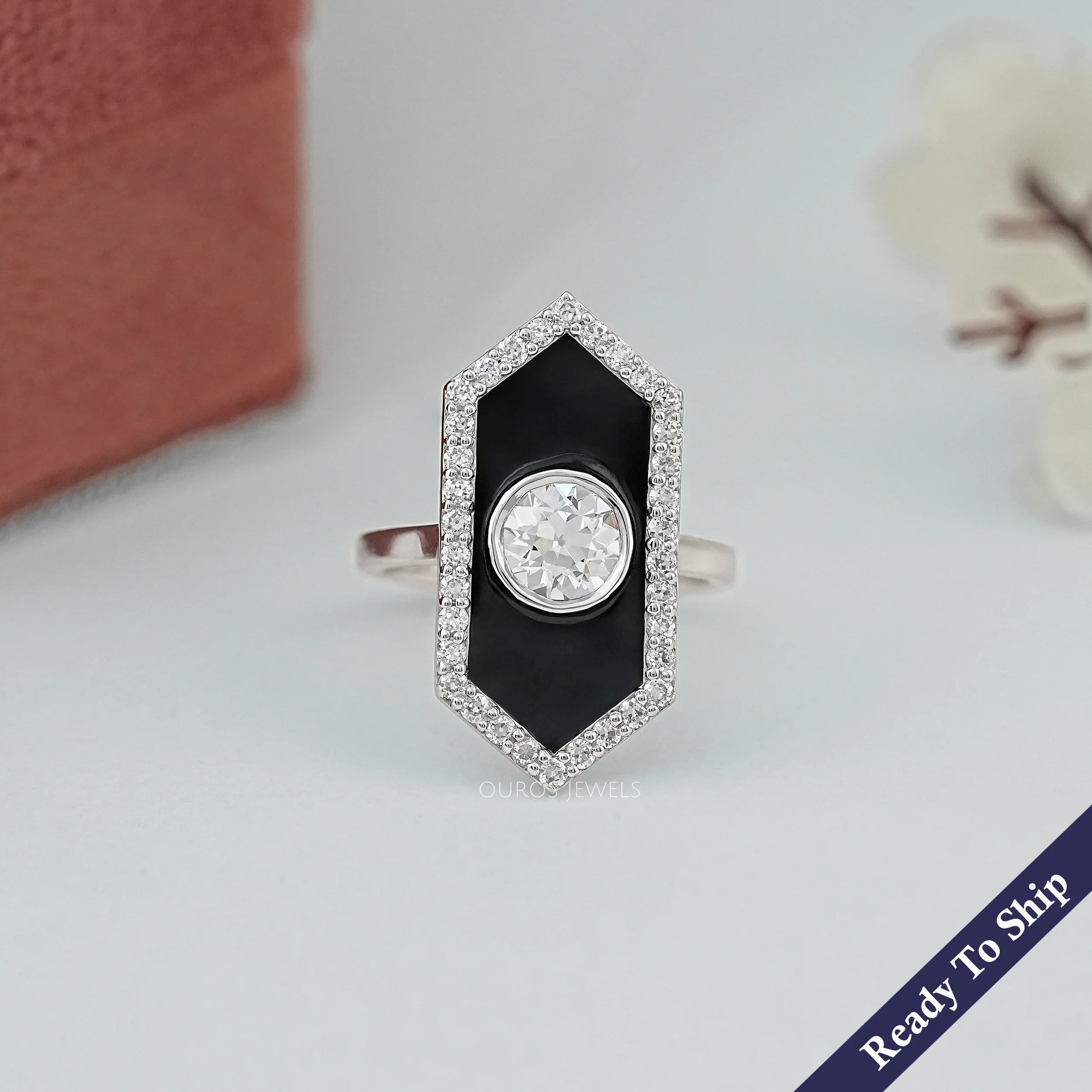 OEC Round Diamond Halo Black Enamel Ring