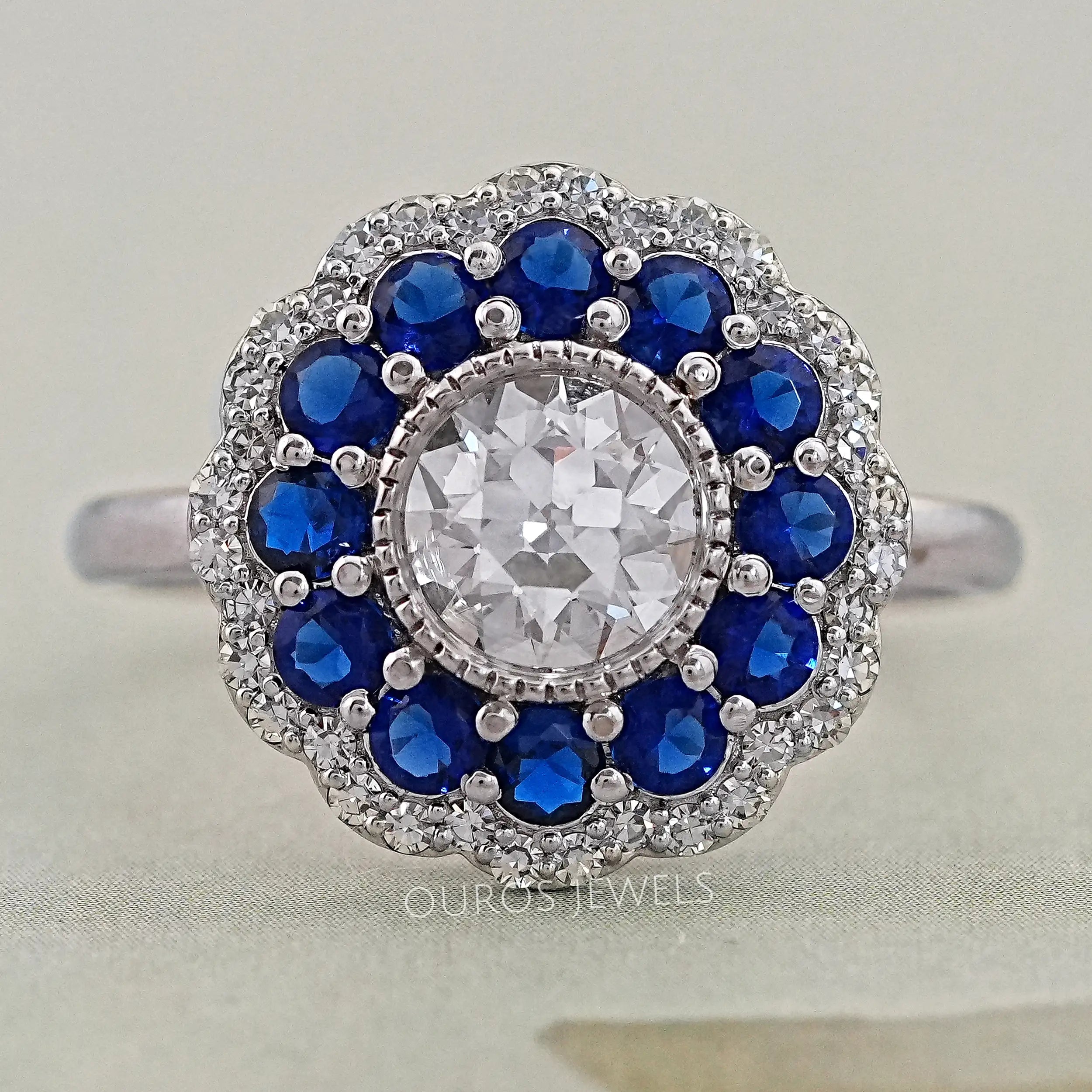 Old European Round Cut Sapphire Halo Engagement Ring