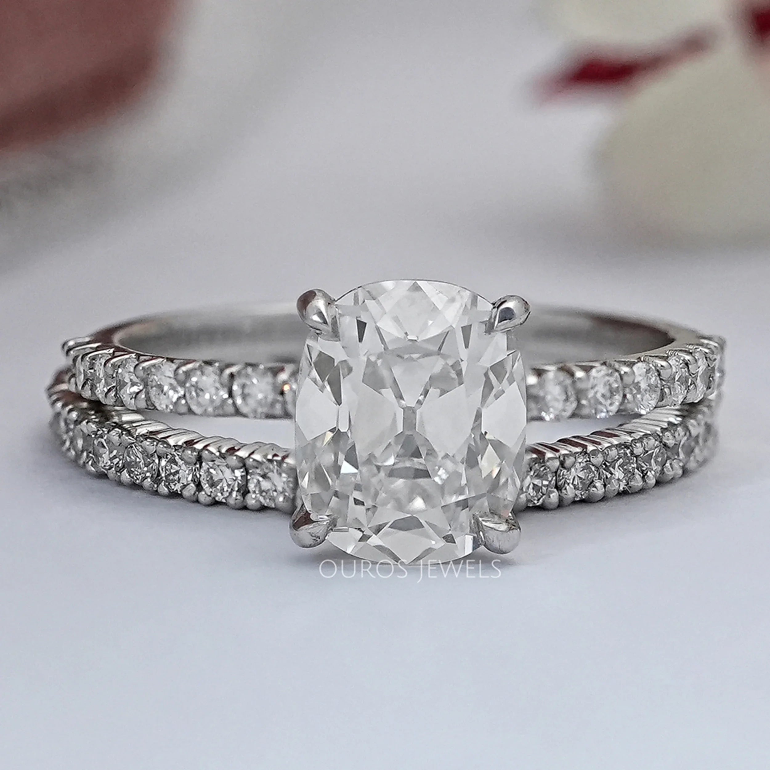 Old Mine Cushion Cut Solitaire Accent Bridal Ring Set
