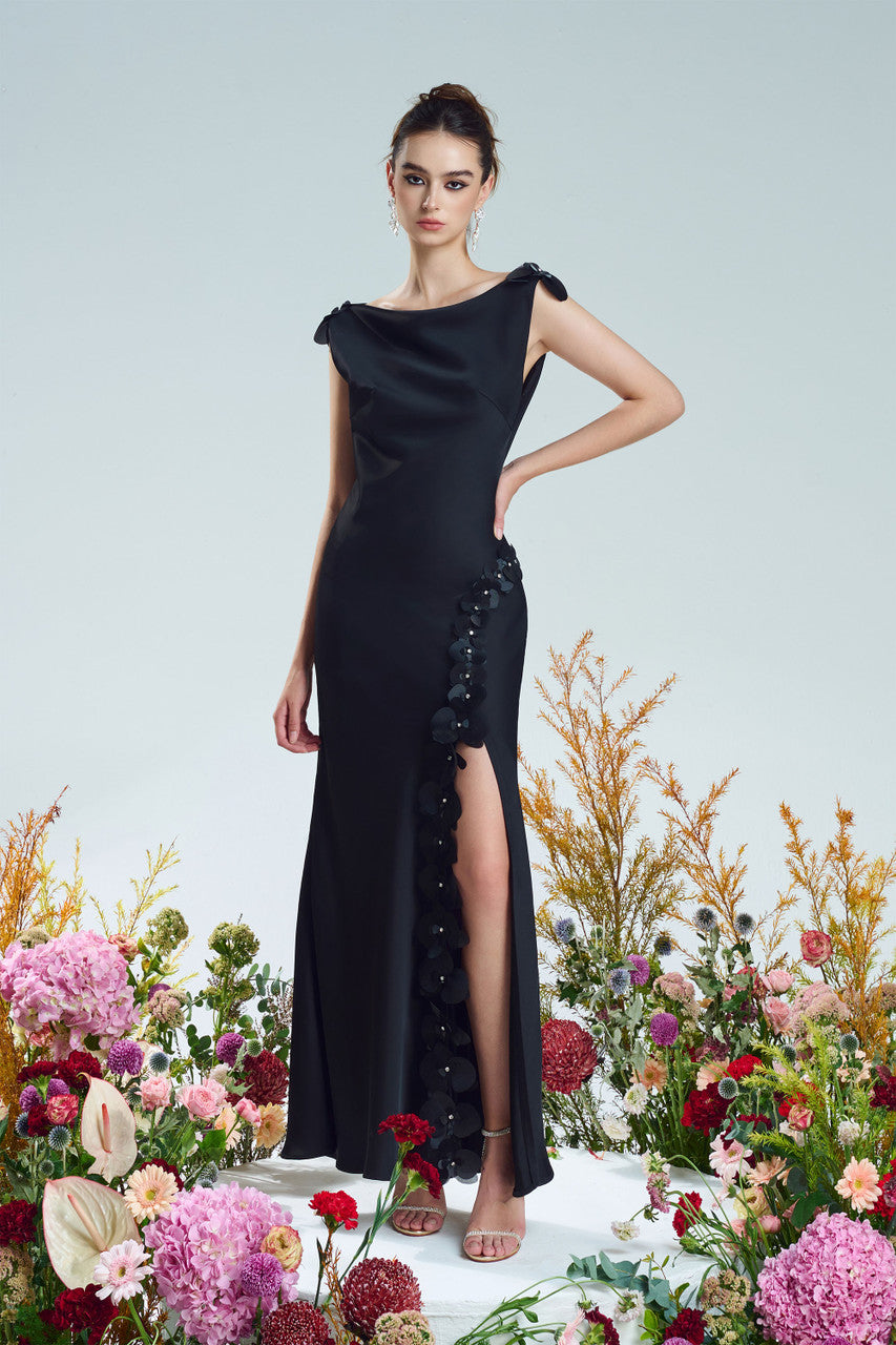 Orchid Appliqué Silk Side Slit Gown