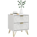 Modern Nightstand with 2 Drawers, Sofa End Table with Storage & Gold Hairpin Legs, White