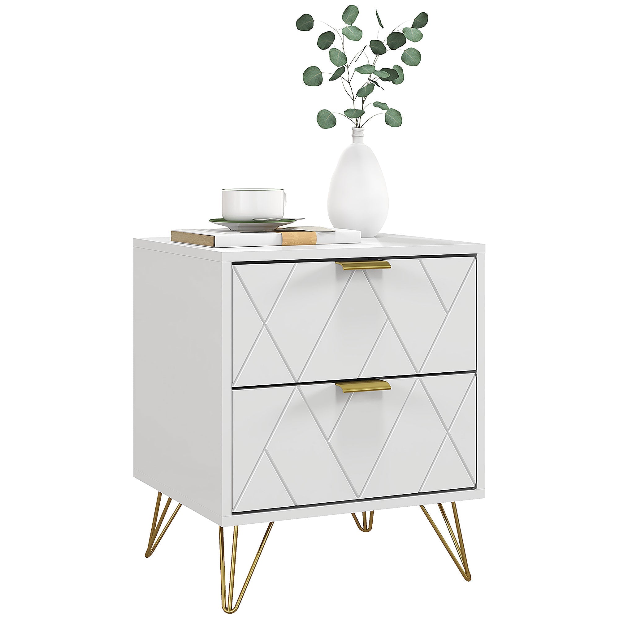 Modern Nightstand with 2 Drawers, Sofa End Table with Storage & Gold Hairpin Legs, White