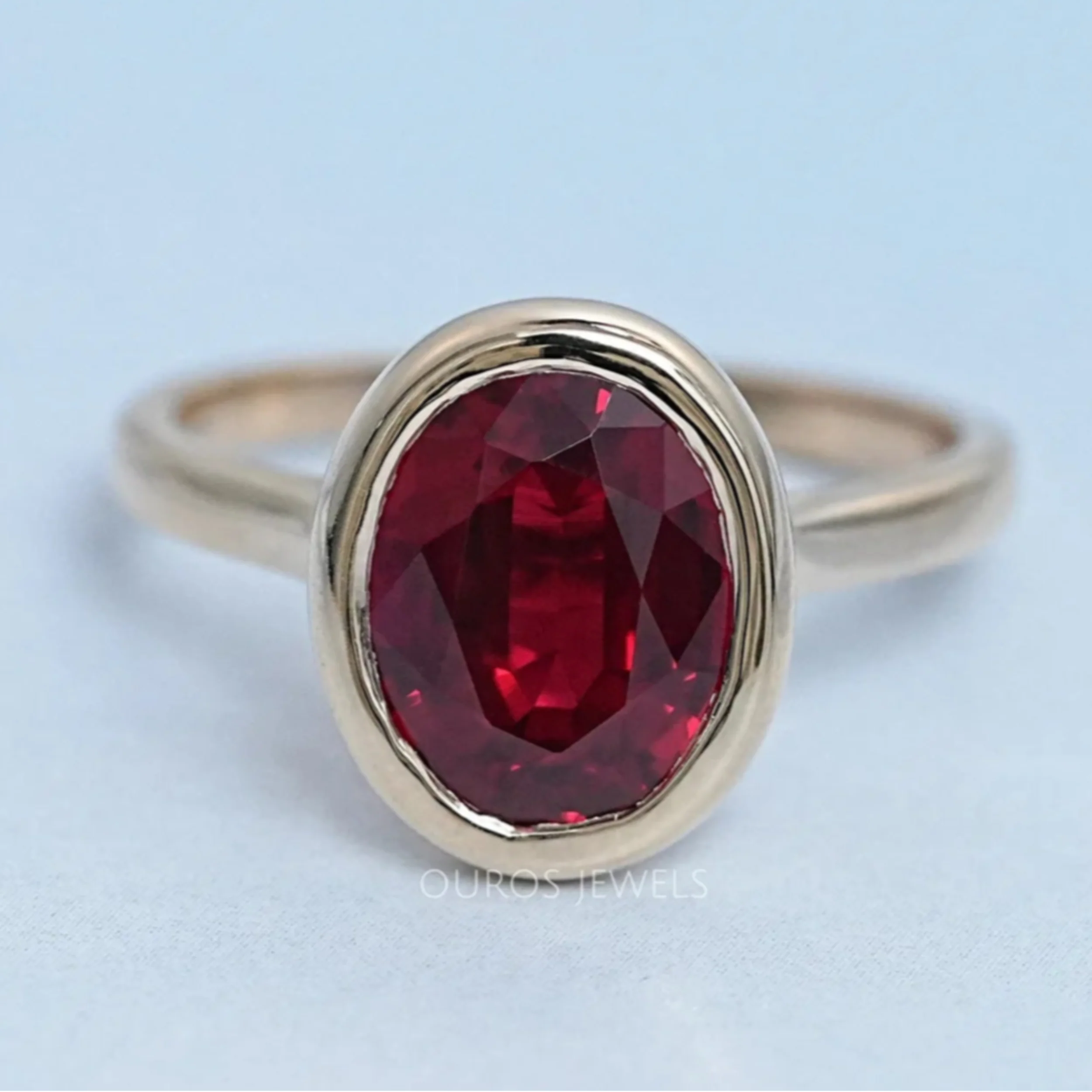 Oval Cut Ruby Lab Gemstone Bezel Set Solitaire Ring