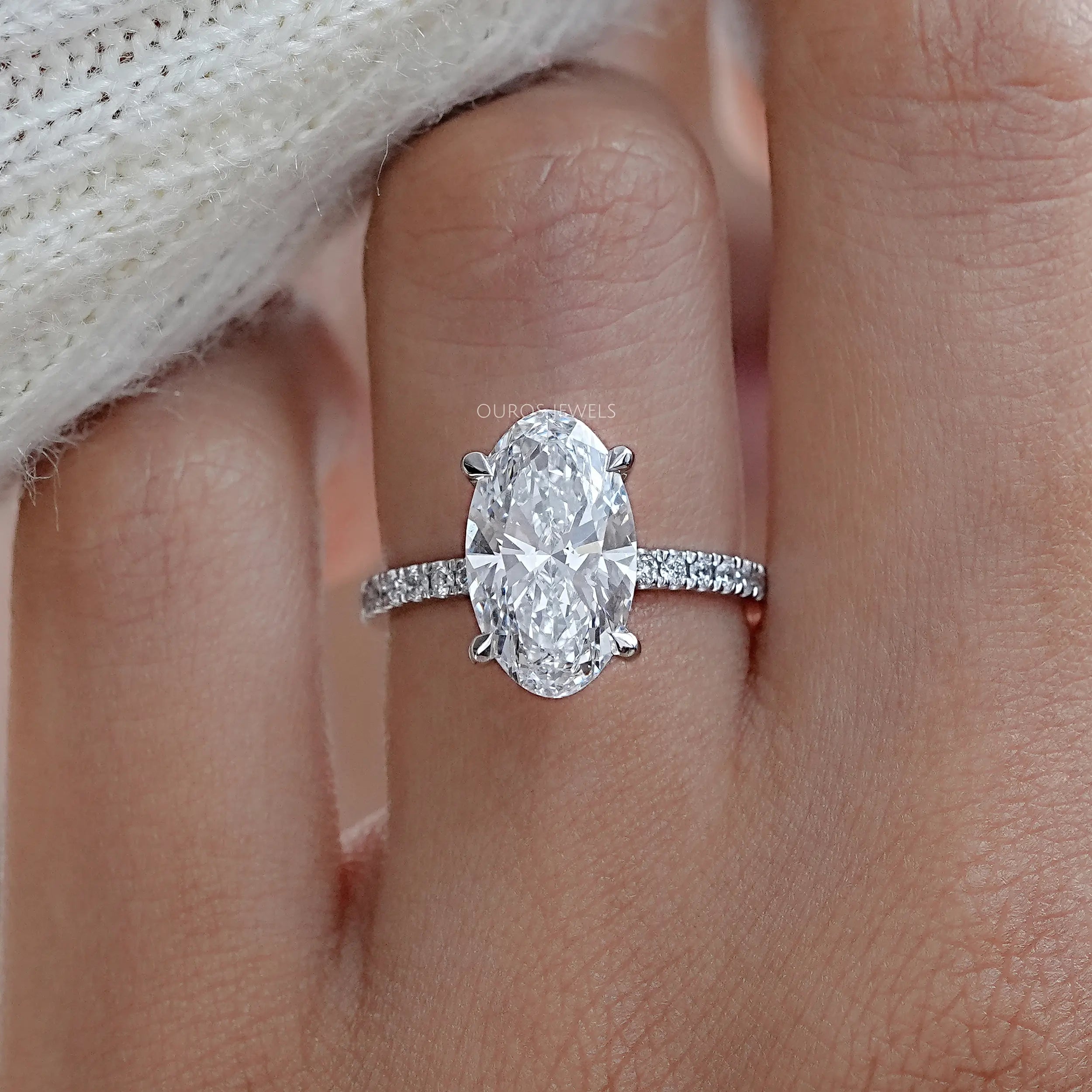 Oval Cut Solitaire Diamond With Accents Engagement Ring