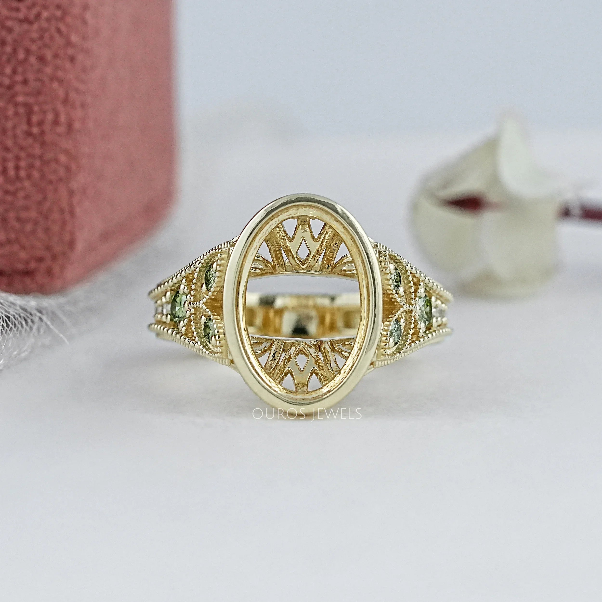 Oval Shape Accent Diamond Milgrain Set Semi-Mount Ring
