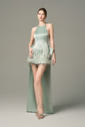 Effortless Halter Silk Crystal-Embellished Mini Dress With Oversized Bow Back