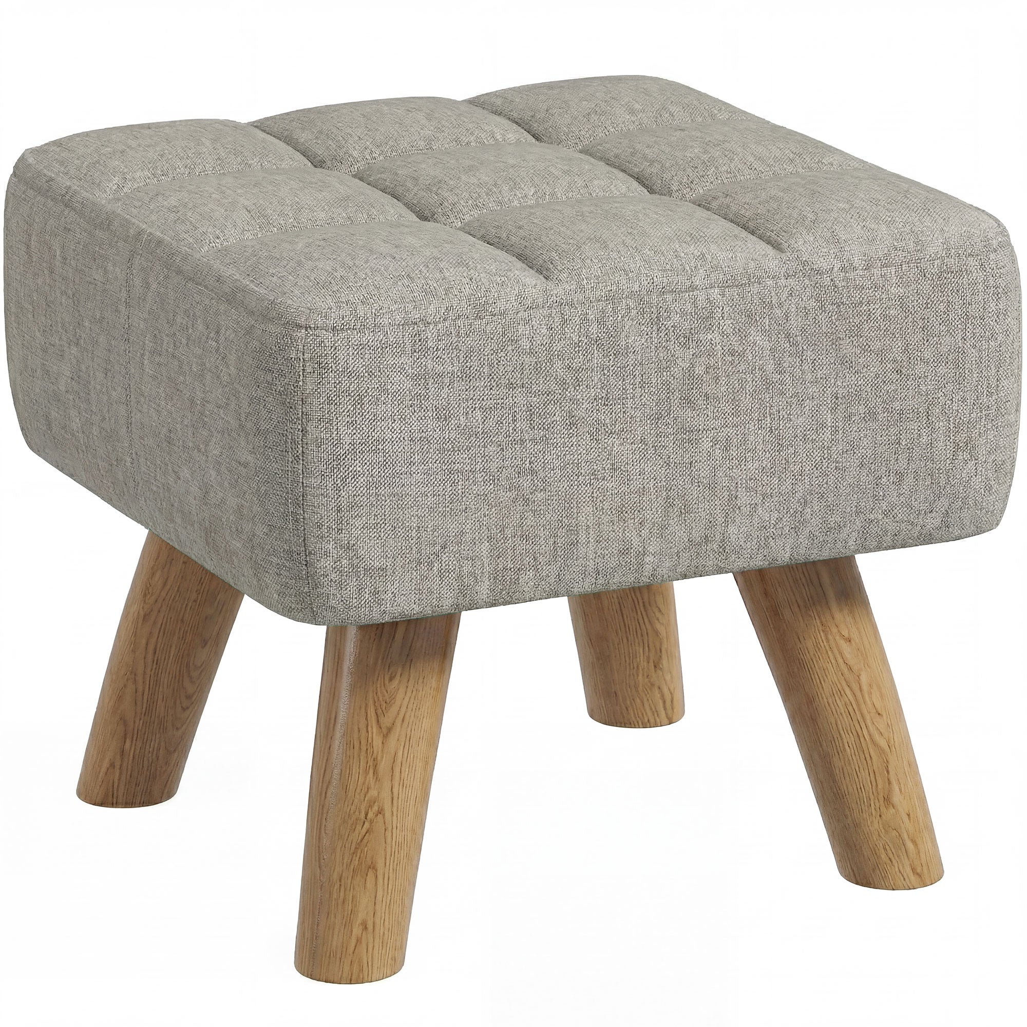 Modern Tufted Fabric Footstool with Padded Seat, Rubber Wood Legs, Light Brown