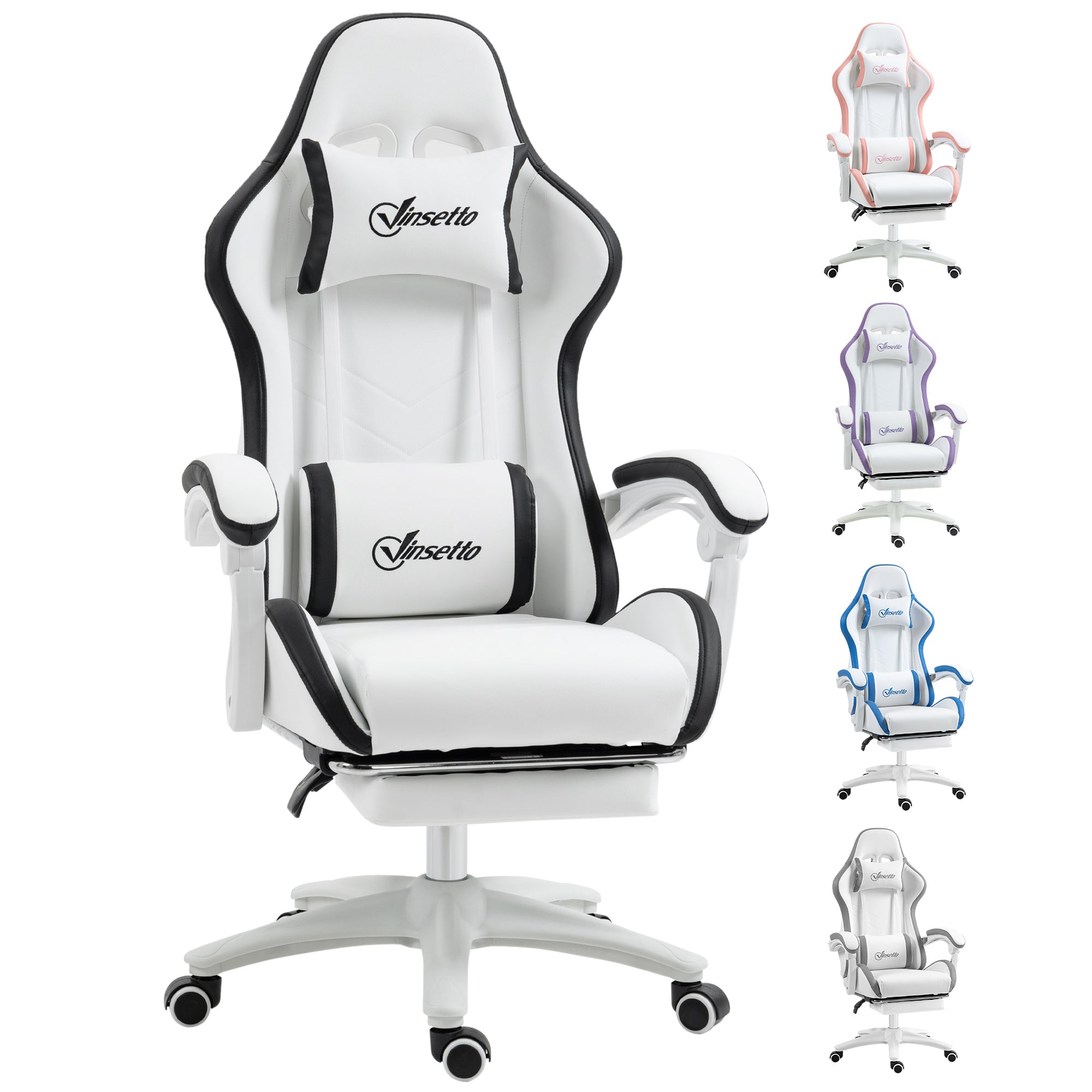 PU Leather Computer Gaming Chair with Footrest,  135° Reclining Back & Lumbar Support, White and Black