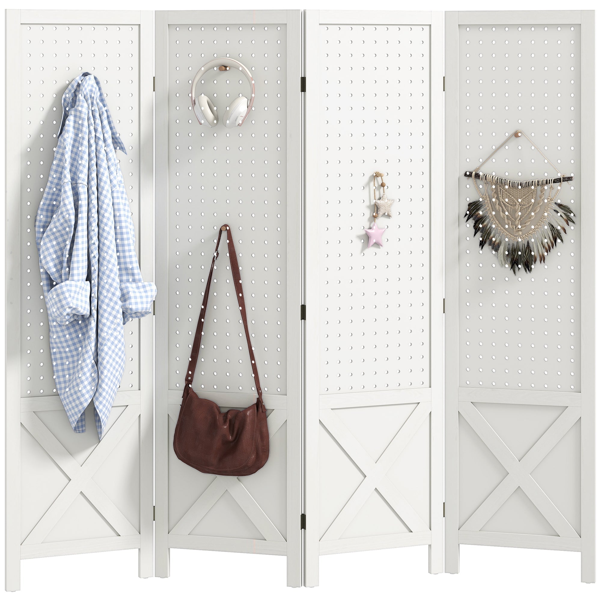 4 Panel Pegboard Display Room Divider, 56.9" Tall Wood Indoor Portable Folding Privacy Screen, White