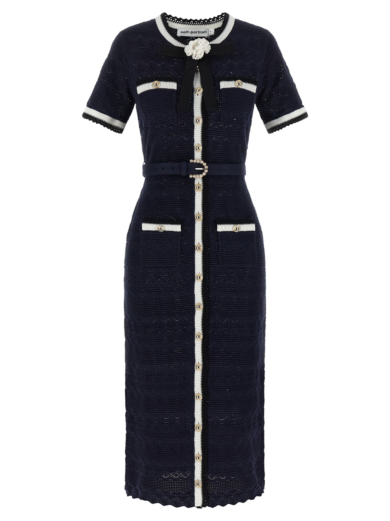 Self-Portrait Pointelle Knit Midi Dress — Navy