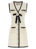 Self-Portrait Pointelle Knit with Bow Brooch Dress — Cream