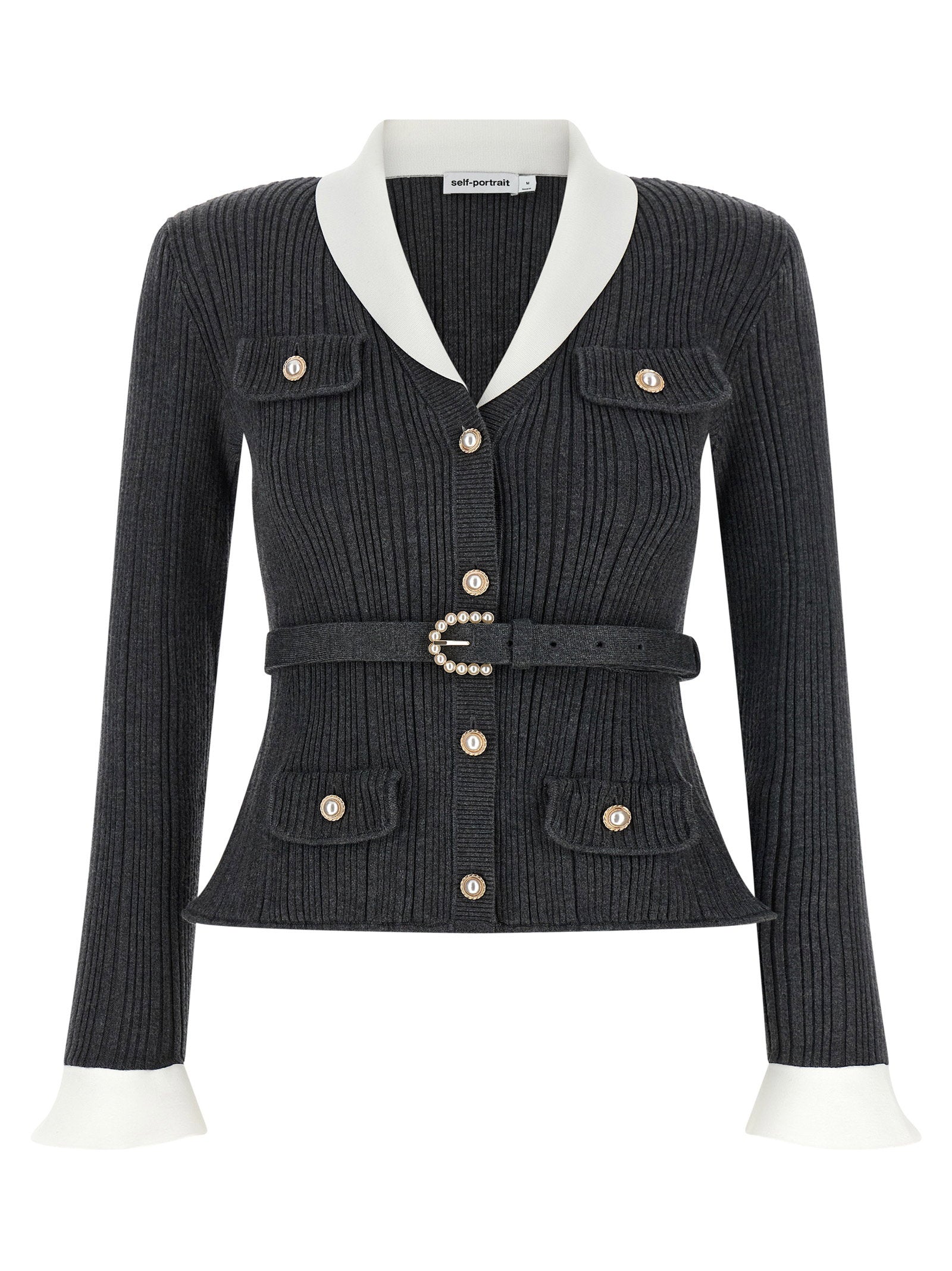 Self-Portrait Ribbed with Contrast Cuffs Cardigan — Charcoal