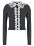 Self-Portrait Lace Collar Knit Cardigan — Charcoal