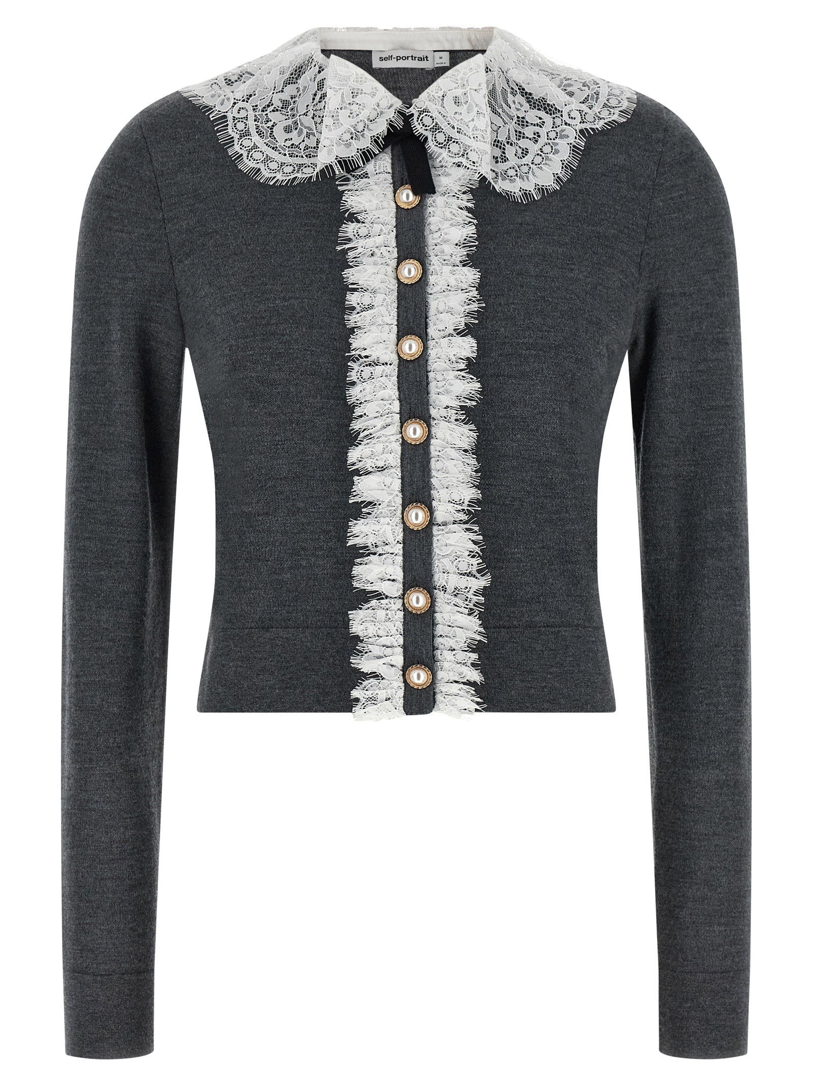 Self-Portrait Lace Collar Knit Cardigan — Charcoal