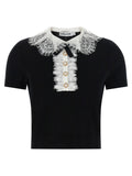 Self-Portrait Lace-Collar Wool Knit Blouse — Black