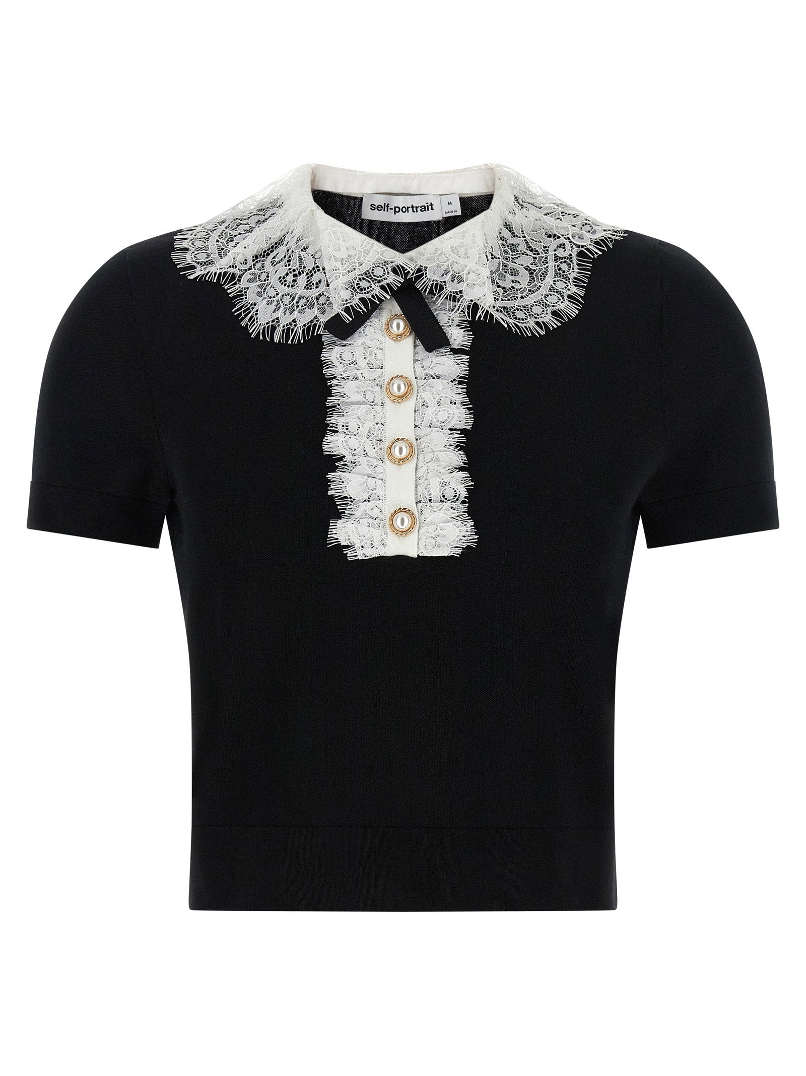 Self-Portrait Lace-Collar Wool Knit Blouse — Black
