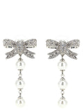 Self-Portrait Crystal Bow Pearl Droplet Earrings — Silver
