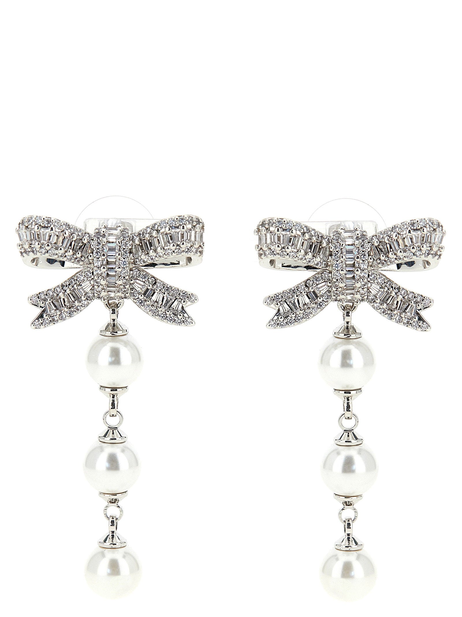 Self-Portrait Crystal Bow Pearl Droplet Earrings — Silver