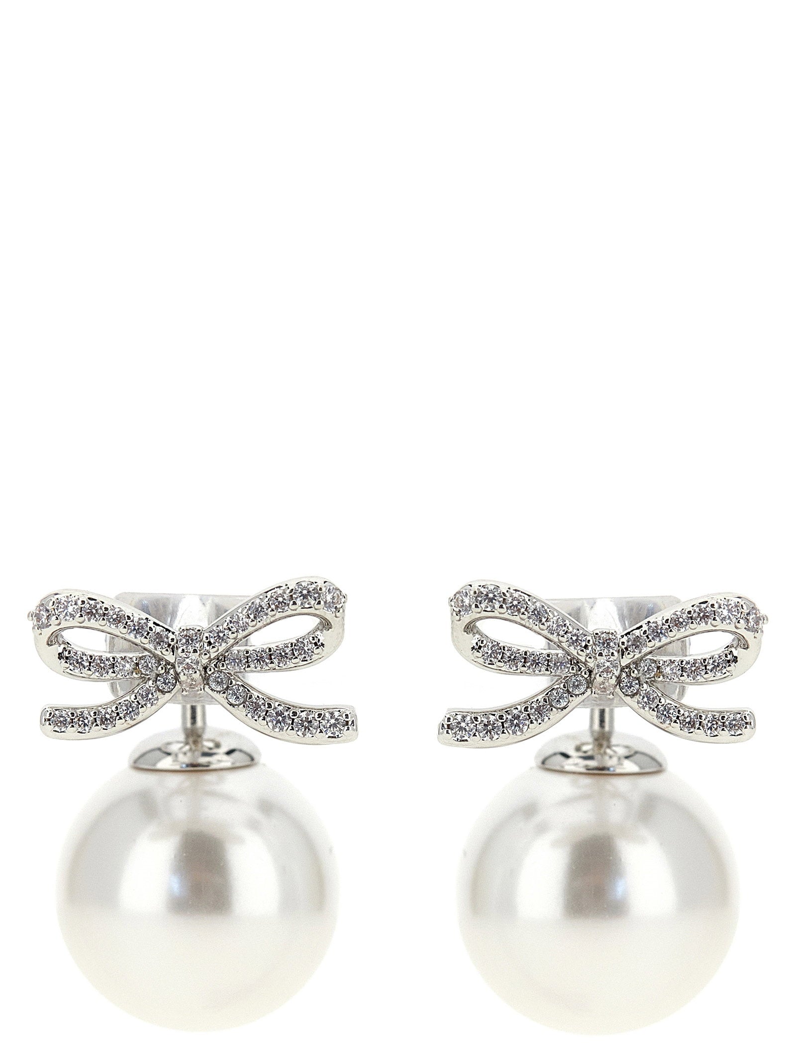 Self-Portrait Crystal Bow Pearl Earrings — Silver