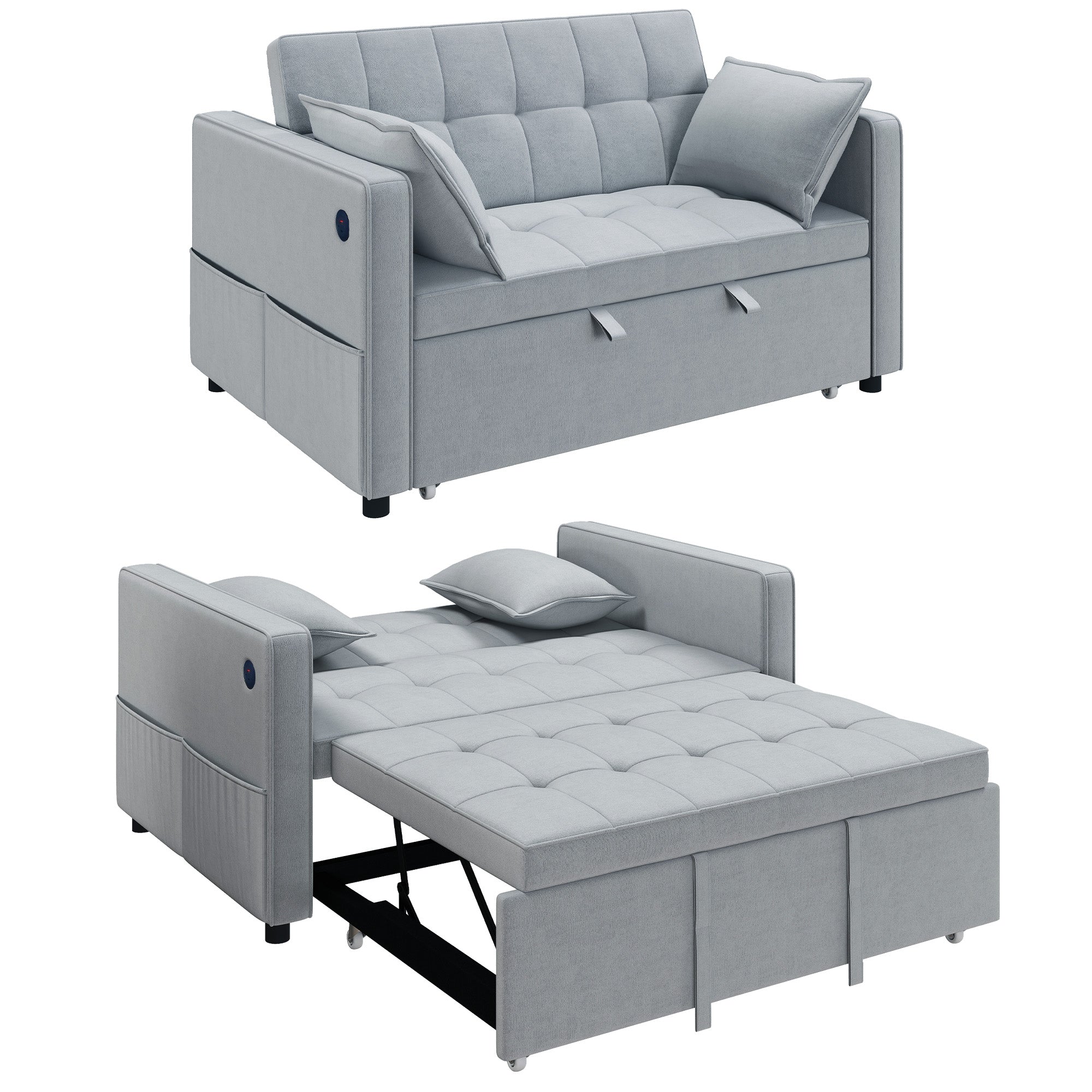 3-in-1 Convertible Sofa Bed, Pull Out Sleeper Sofa with USB Charging, Light Grey