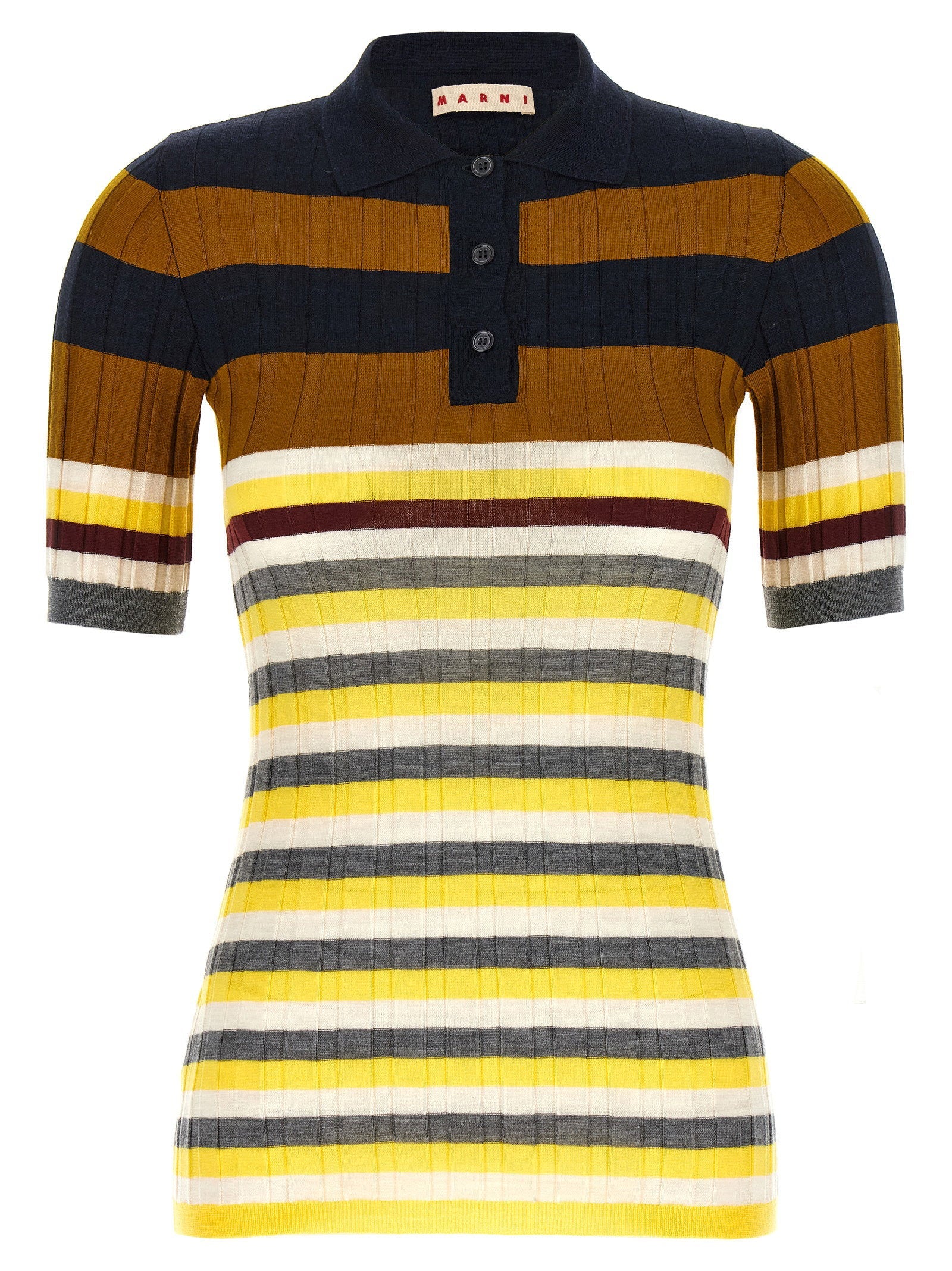 Marni Striped Ribbed Wool Polo — Navy