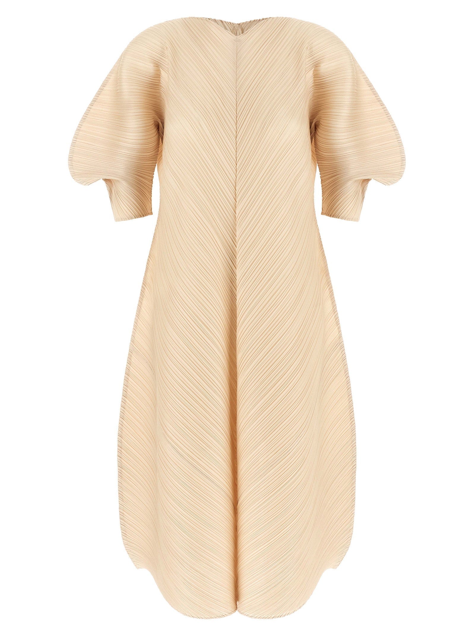 Pleats Please Issey Miyake Pleated Sculptural-Sleeve Dress — Cream