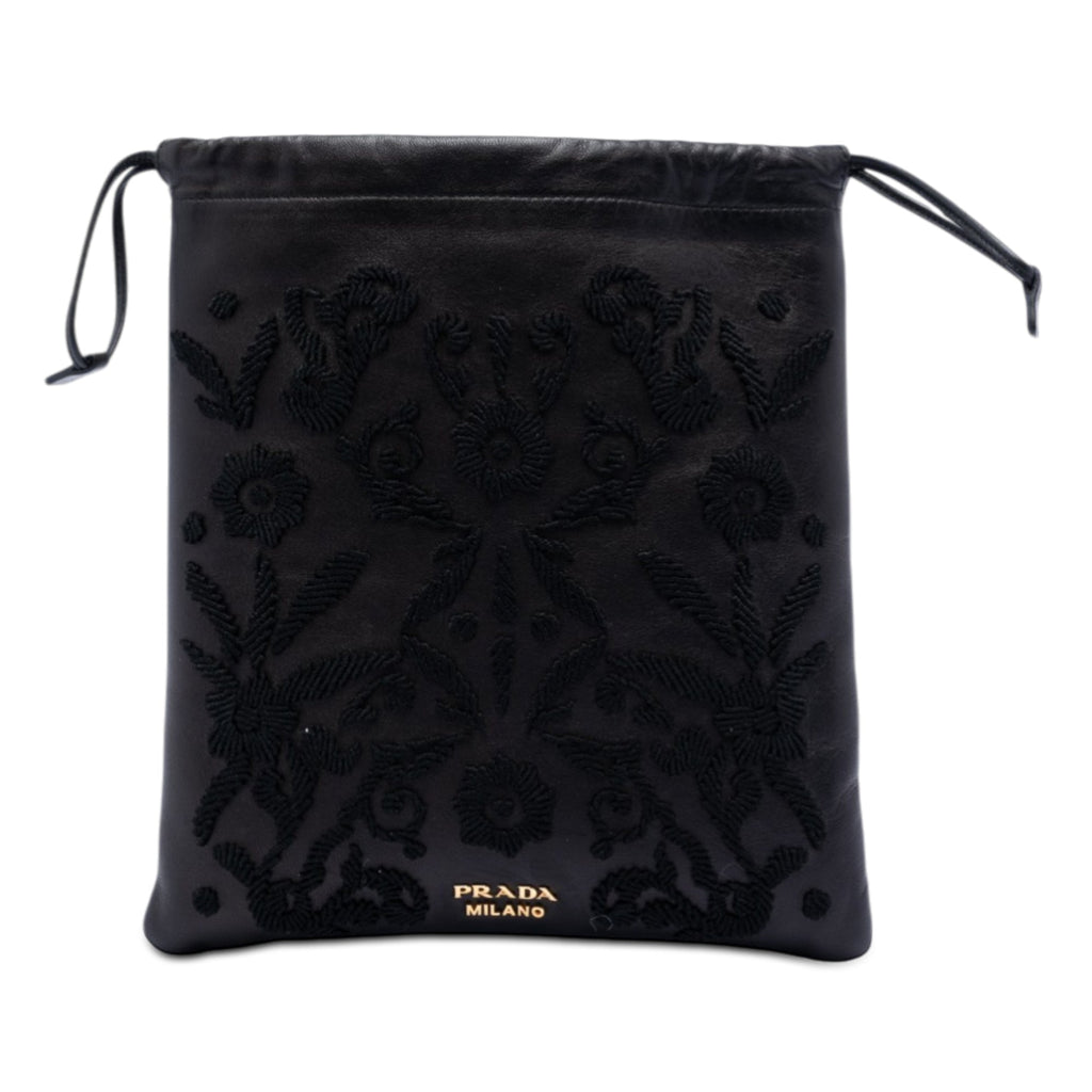 Embroidered Leather Drawstring Pouch