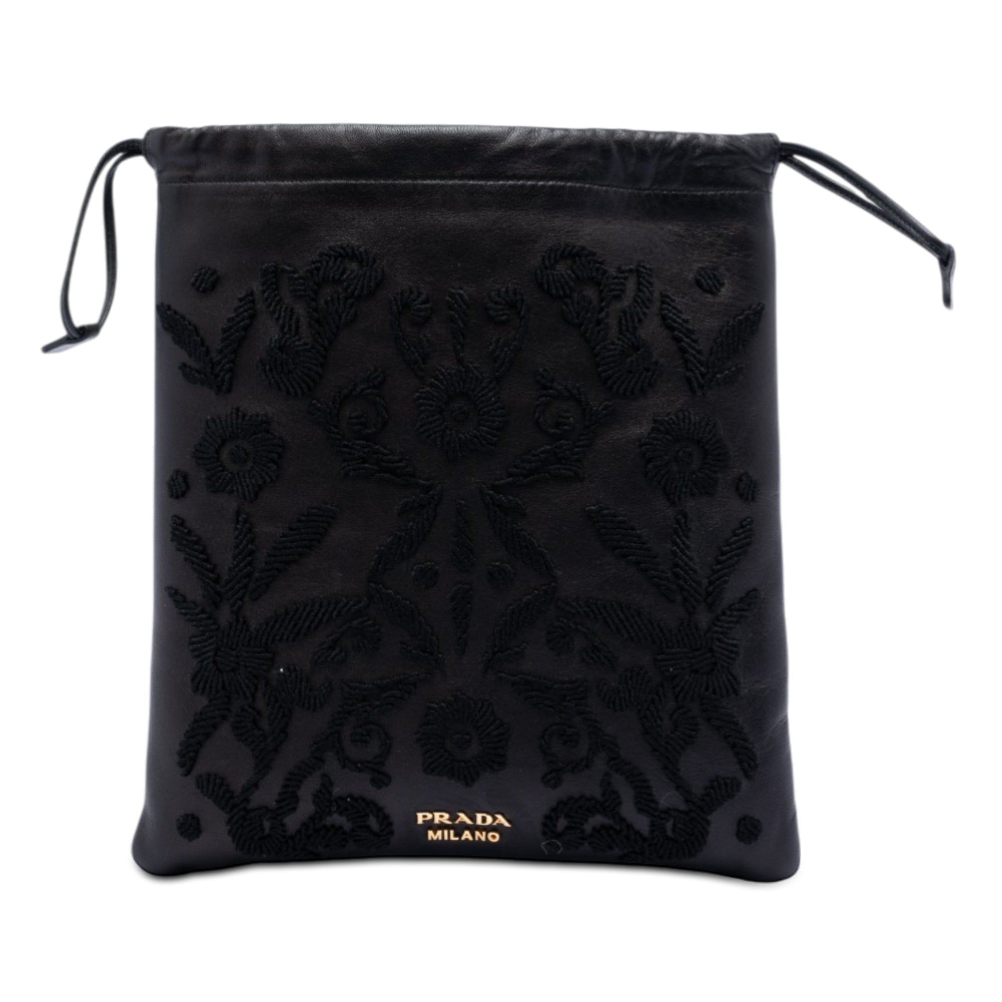 Embroidered Leather Drawstring Pouch