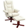 Cream White PU Leather Manual Recliner Chair with Footstool & Wooden Base for Living Room or Bedroom