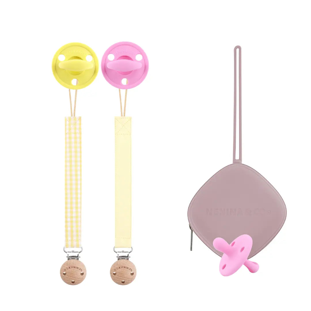 Kit Nenina & Co Amarillo + Rosa chicle| 2 Chupetes + 2 Chupeteros + Guardachupete