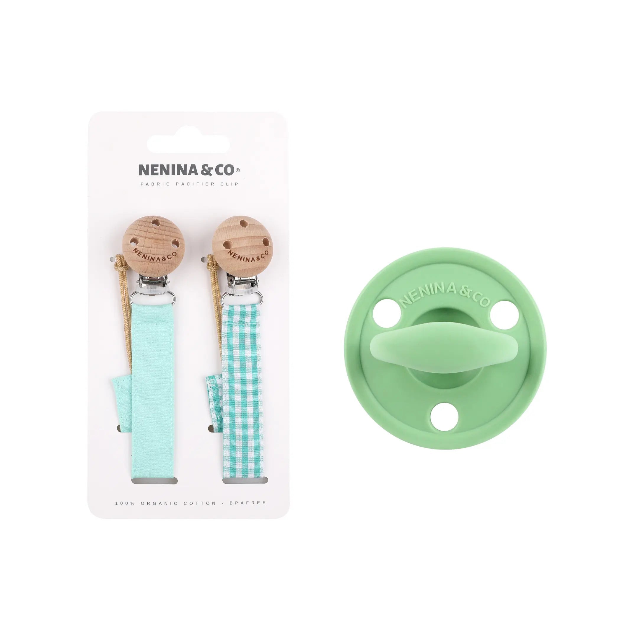 Kit Nenina & Co – Oliva | 2 Chupeteros Algodón Orgánico + 1 Chupete Clásico de Silicona