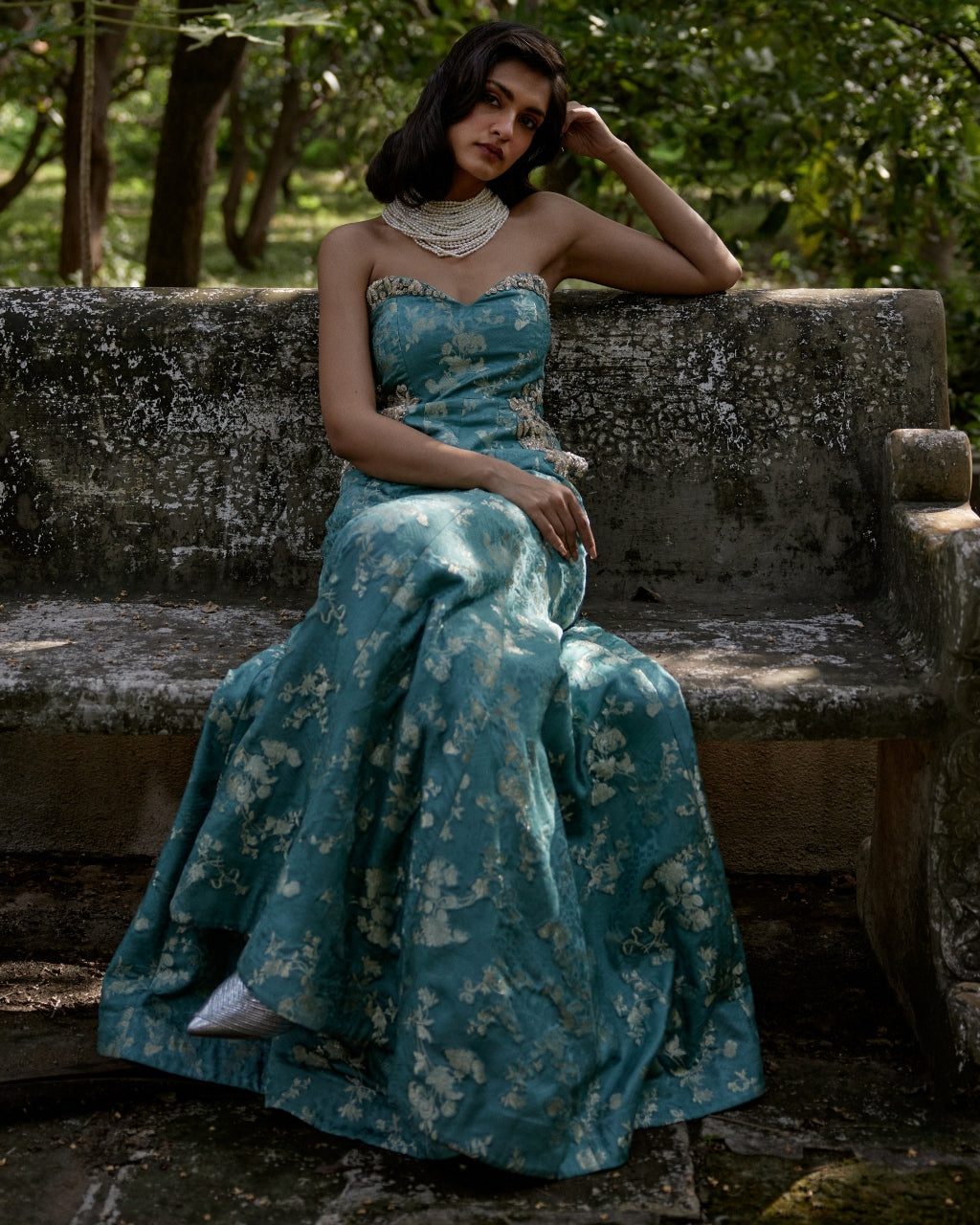 Ice Blue Self Woven Jacquard Jumpsuit By KYNAH, Luxury Indian Fashion & Bridal Wear