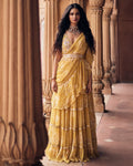 Yellow Vintage Romantic Floral Printed Pre-Draped Sari Set By KYNAH, Luxury Indian Fashion & Bridal Wear