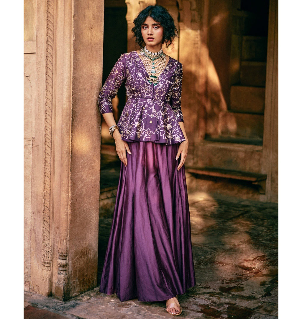 Plum Chiniya Silk Pant Set By KYNAH, Luxury Indian Fashion & Bridal Wear