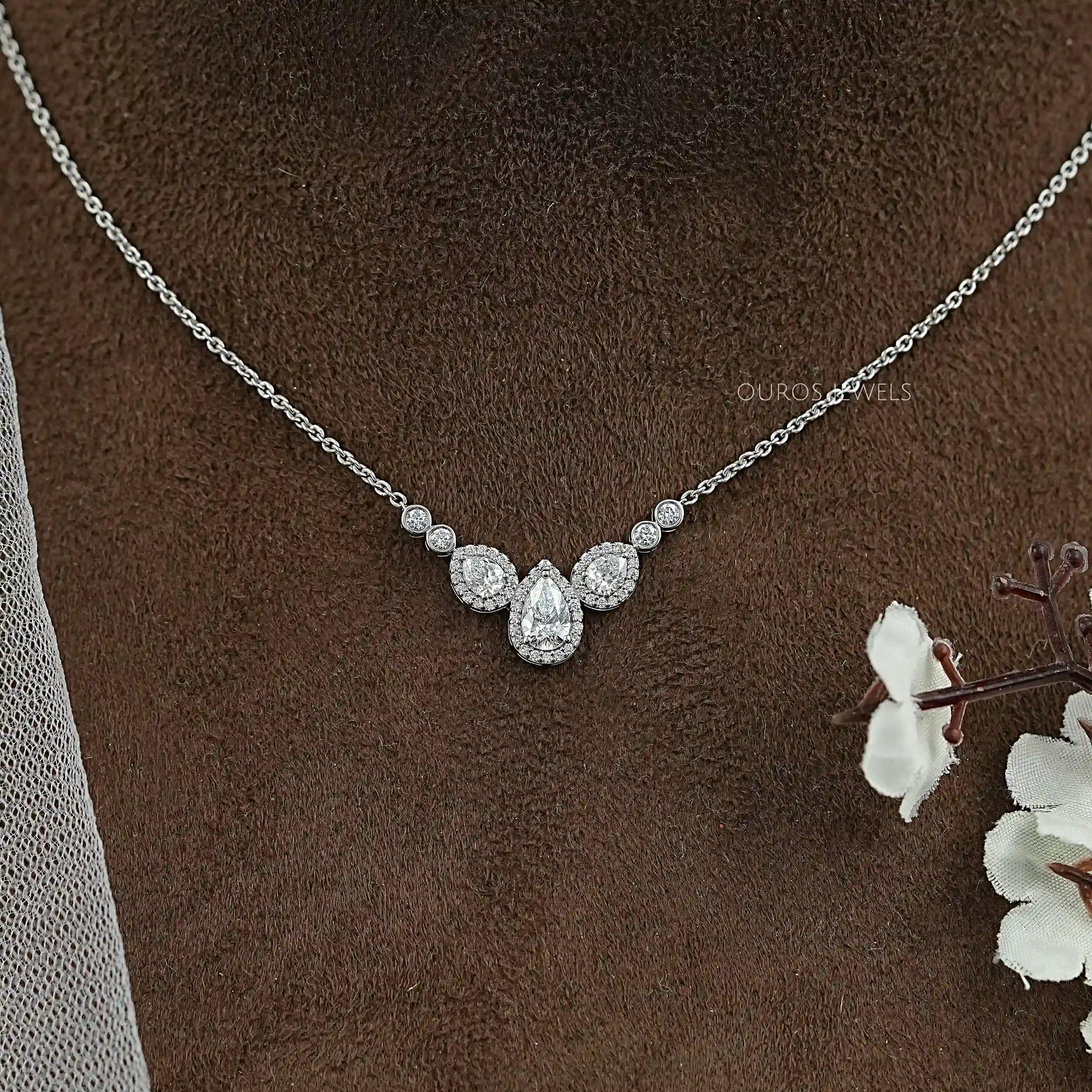 Pear Cut Halo Teardrop Chain Necklace