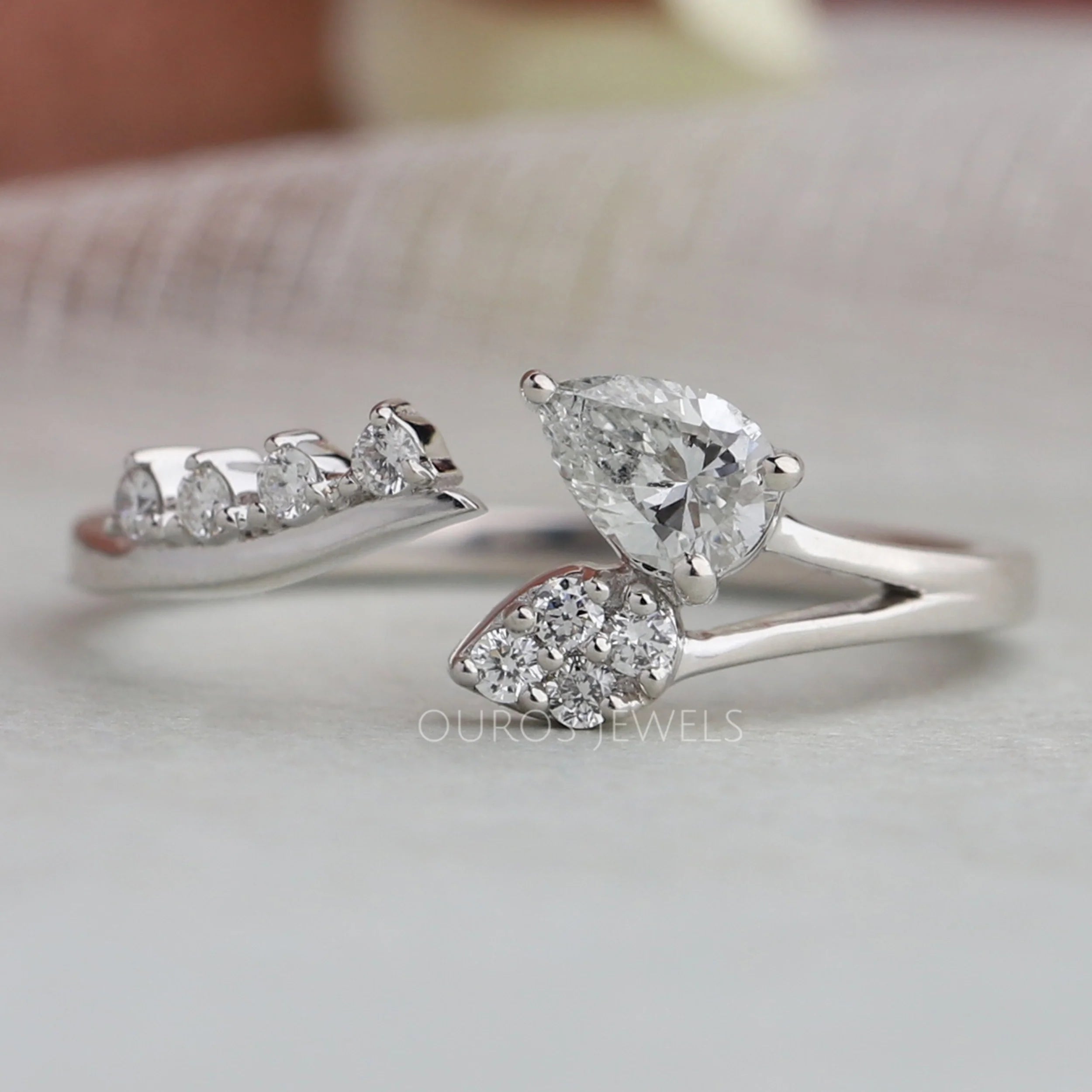 Pear Diamond Leaf Open Cuff Wedding Ring
