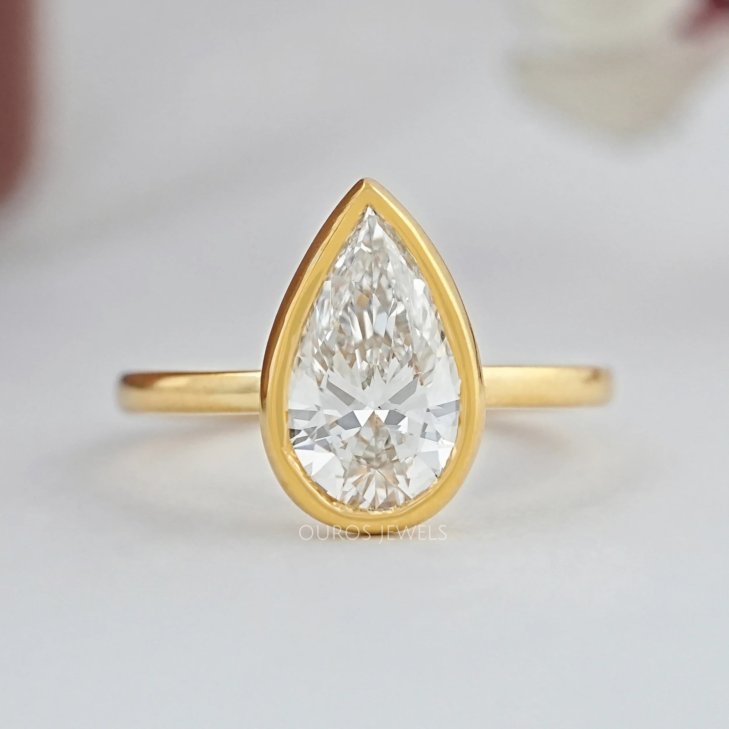 Bezel Set Pear Cut Lab Solitaire  Ring