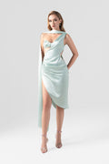 Cutaway Pearl Waist Accent Cut-Out Silk Midi Dress