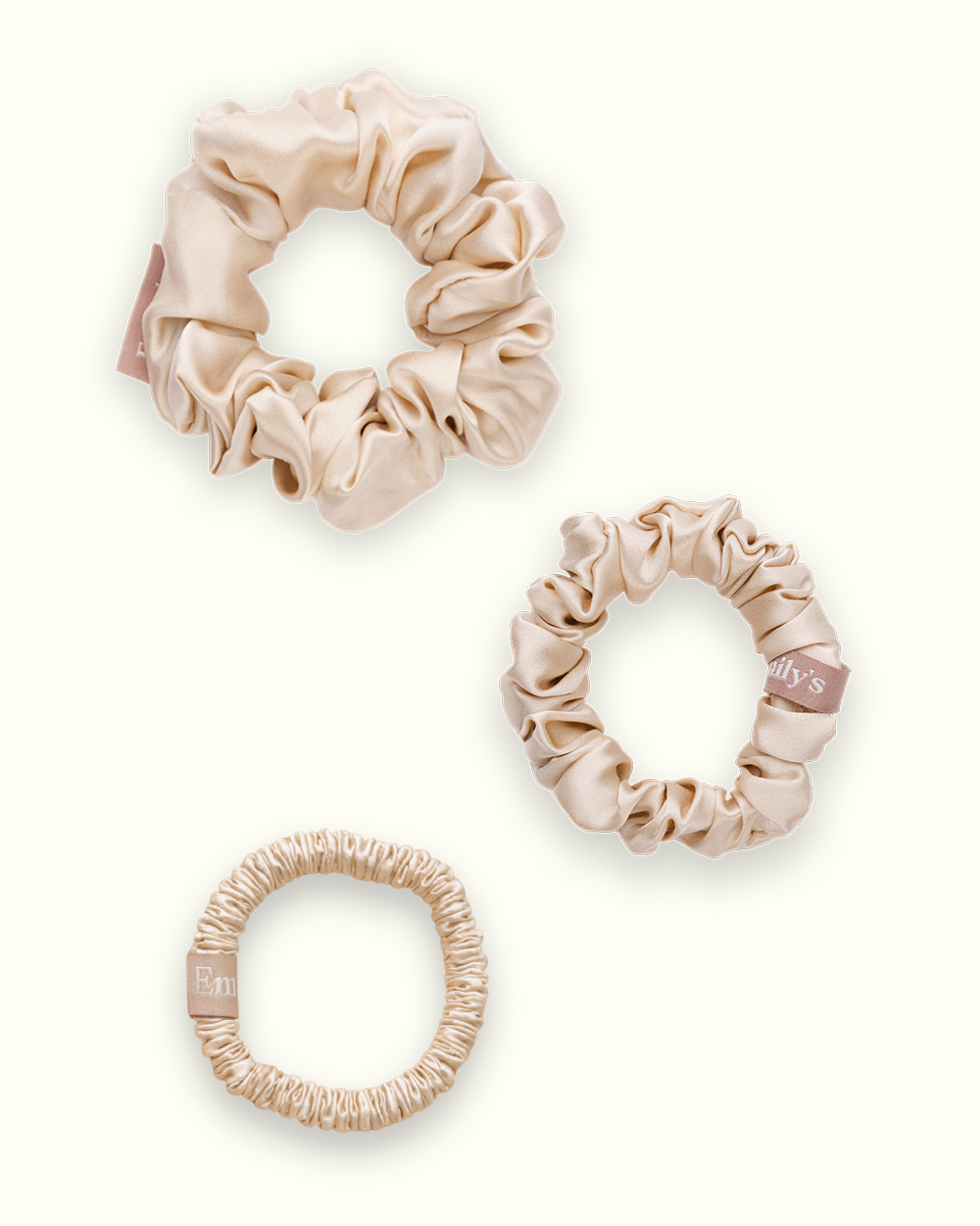 Lot de 3 Chouchous 100 % Soie - Le mini, Le Petit, Le moyen - Champagne
